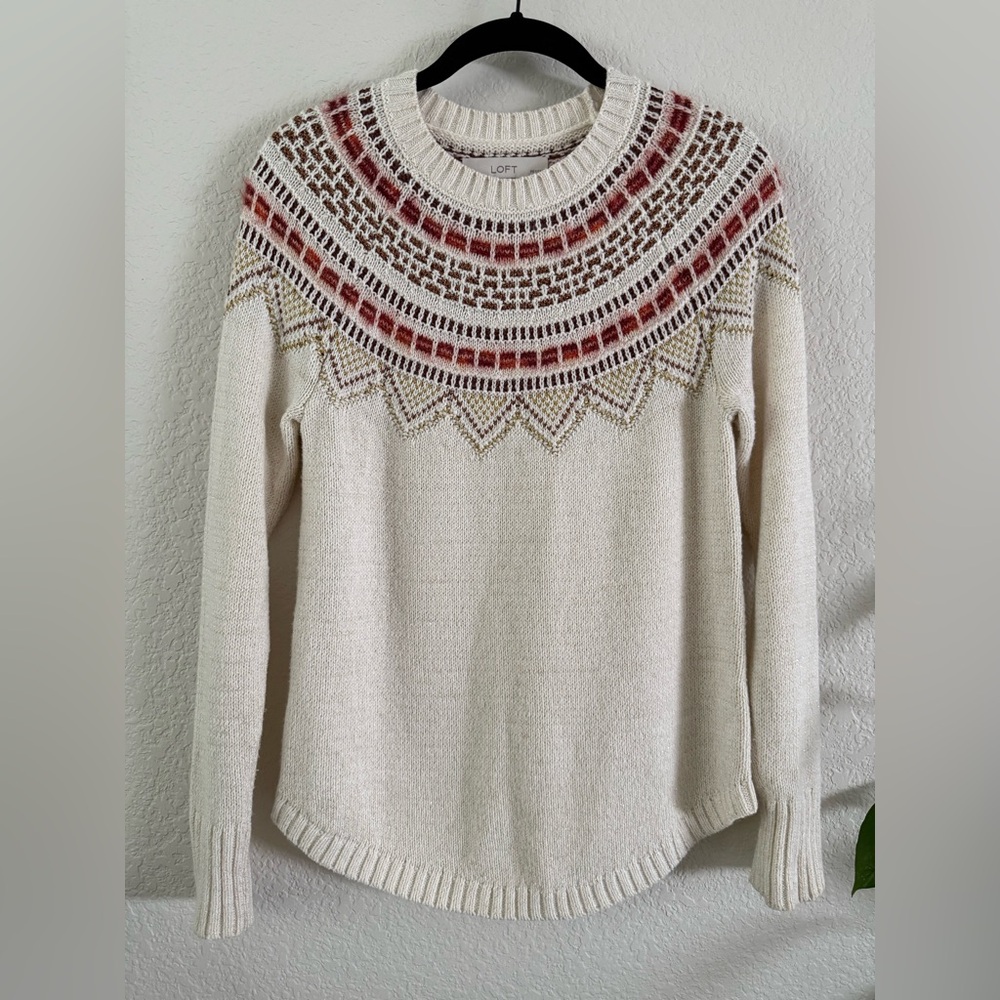 LOFT Cream and Red Nordic Crew Neck Sweater